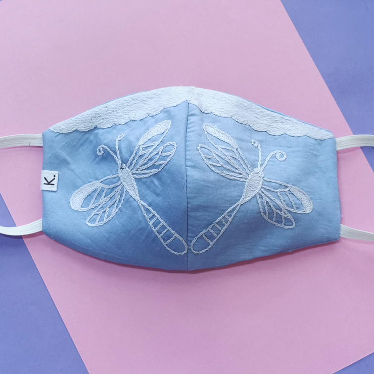 Hand Embroidered Dragonfly Mask - Blue